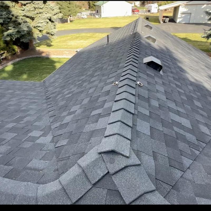 Asphalt shingle roof with ridge vent and vents
