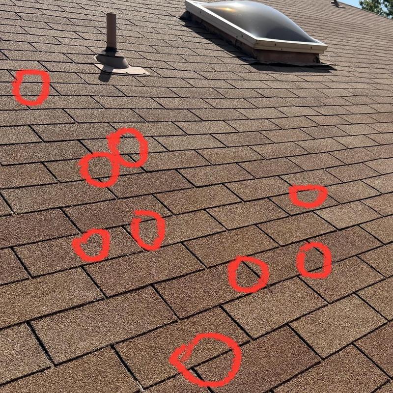 Asphalt shingle roof with hail damage marked in red circles