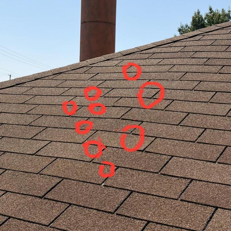 Asphalt shingle roof with hail damage marked in red circles