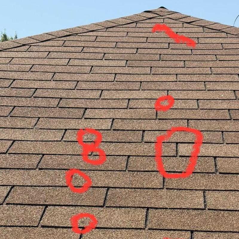 Asphalt shingle roof with damage marks and red circles