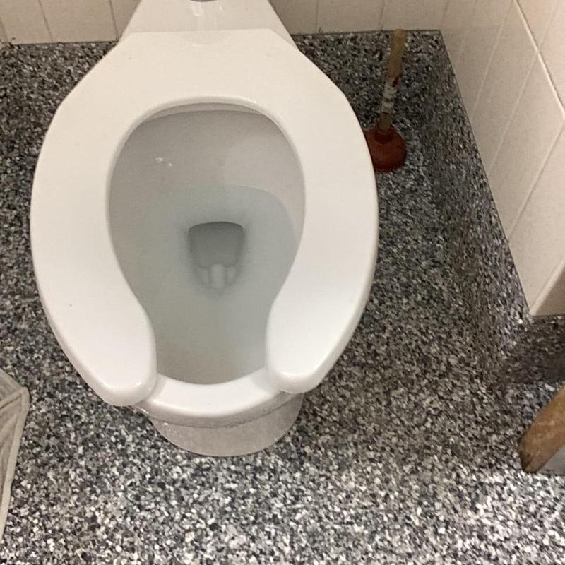 Toilet bowl with plunger on speckled floor