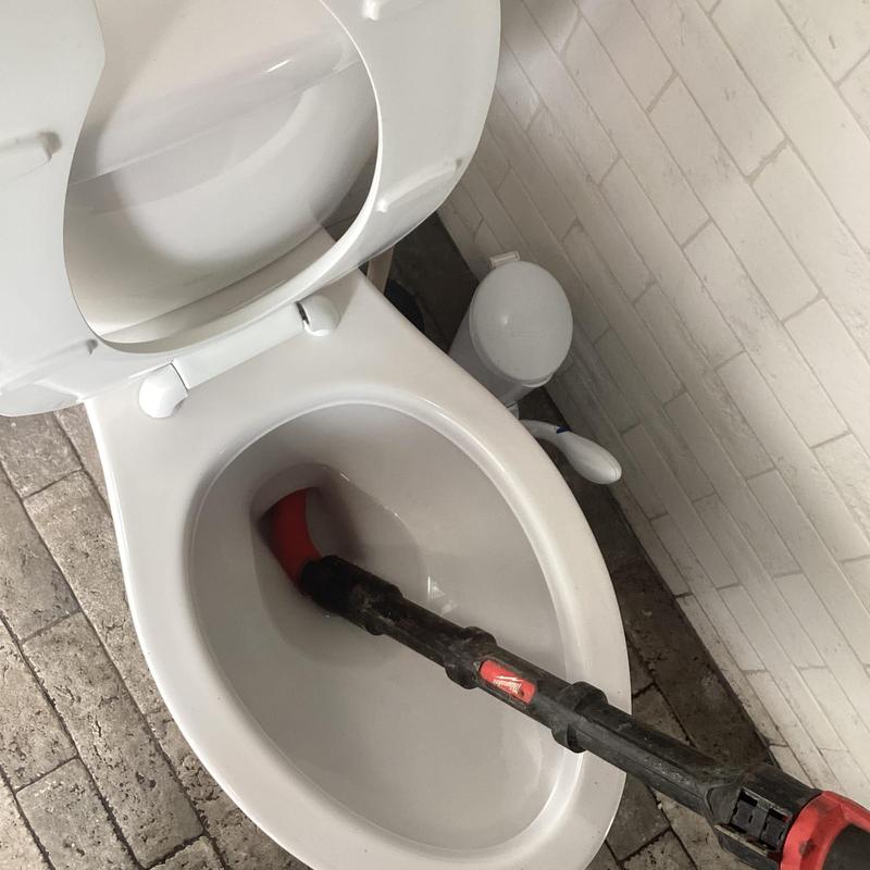 Toilet drain auger clearing blockage in white toilet bowl