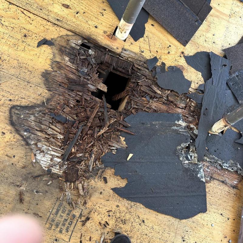 Roof decking with severe rot and moisture damage hole