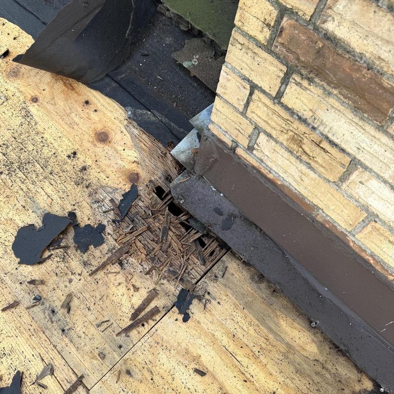 Roof decking rot near brick wall flashing and penetration