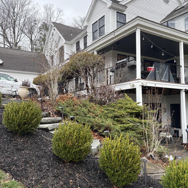 Roof shingles on residential house with porch and landscaping