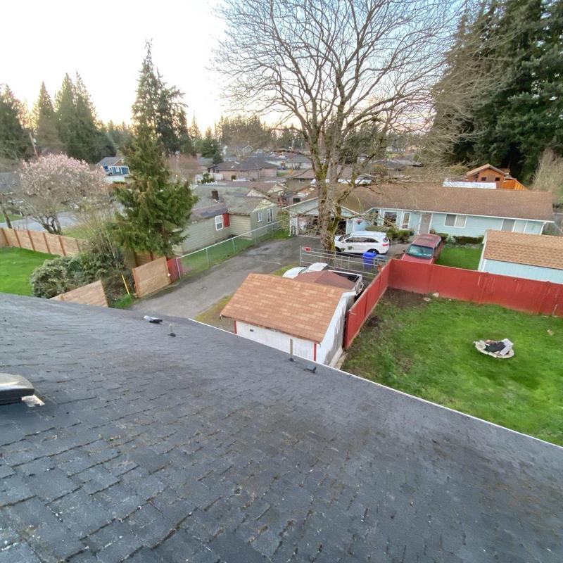 Asphalt shingle roof with moss removal and gutter cleaning