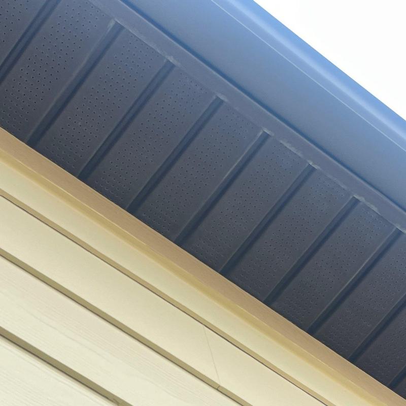 Roof soffit and ventilation system underside close-up