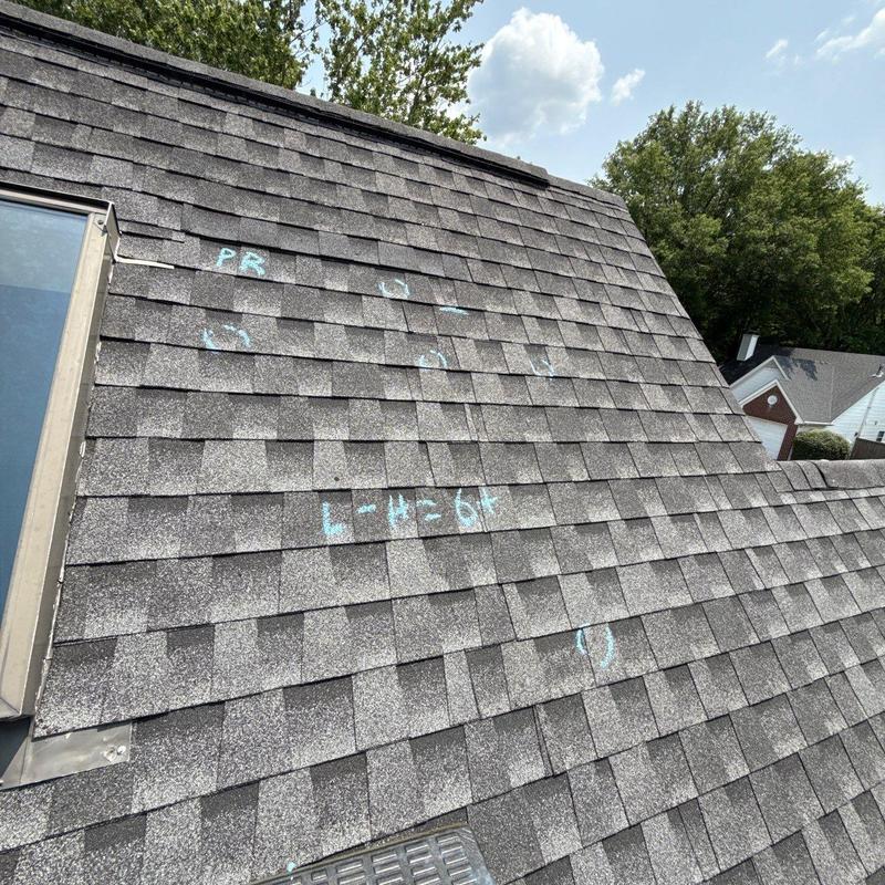 Architectural shingles with hail damage markings on roof