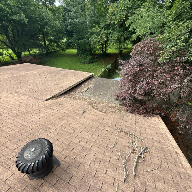 Roof shingles with hail damage and debris on roof surface