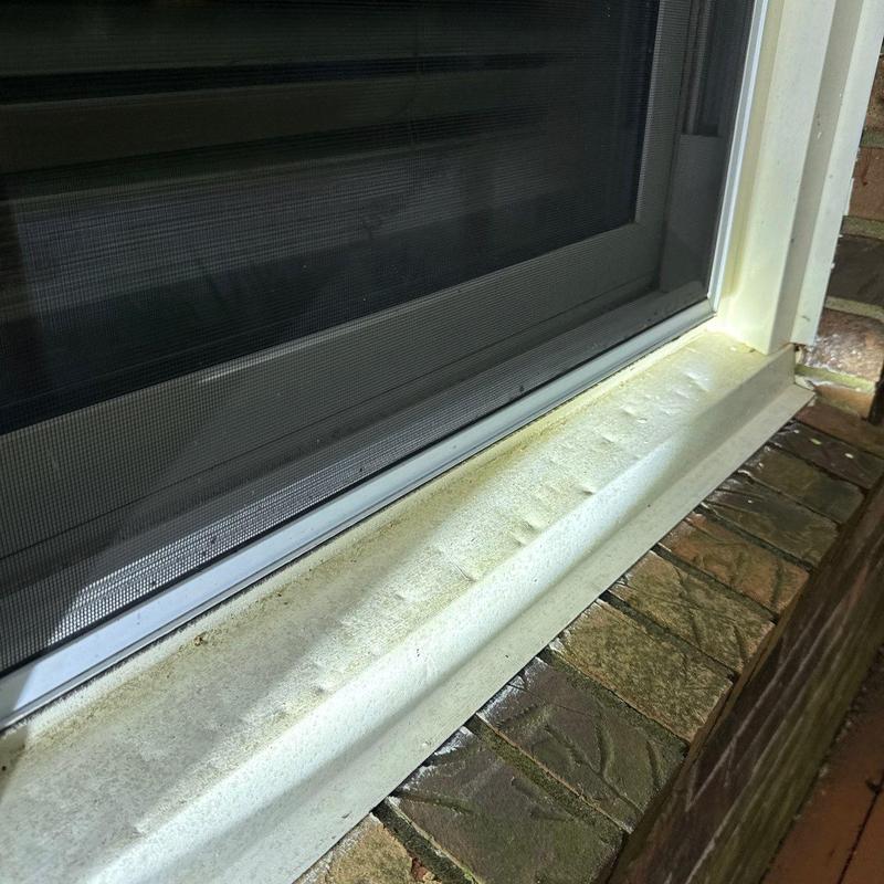 Window sill with paint bubbles and wear near bricks
