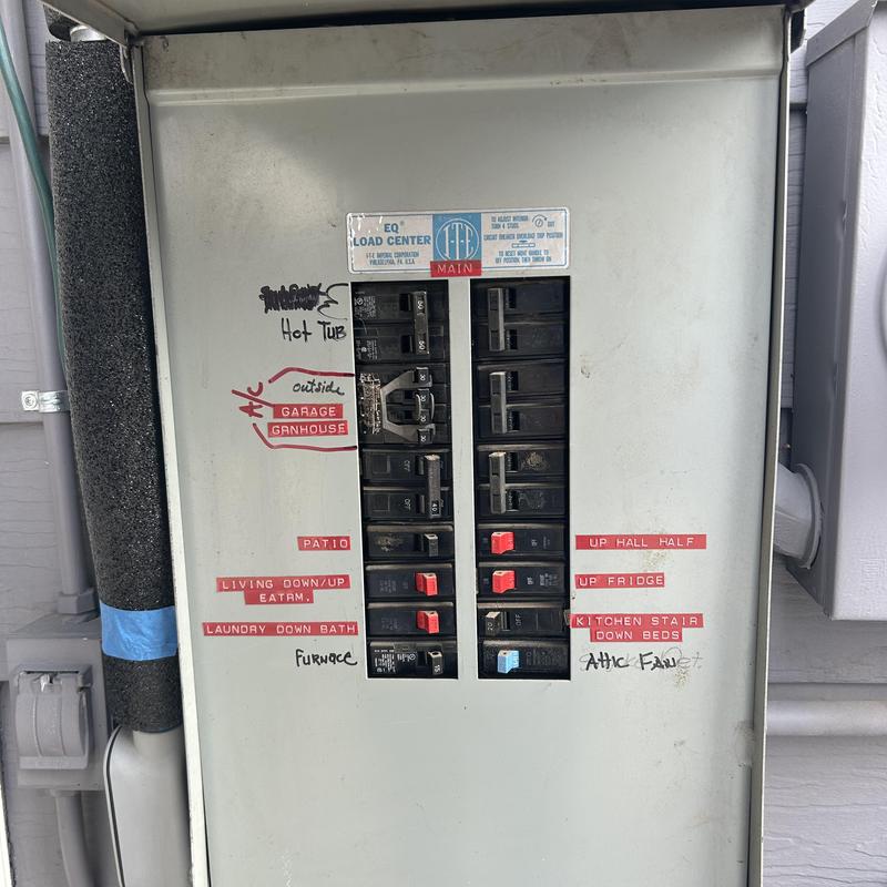 Split bus electrical panel with labeled breakers Split bus electrical panel with labeled breakers