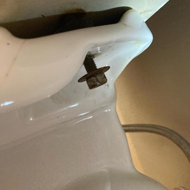 Toilet tank bolt with rust and washer close-up Toilet tank bolt with rust and washer close-up