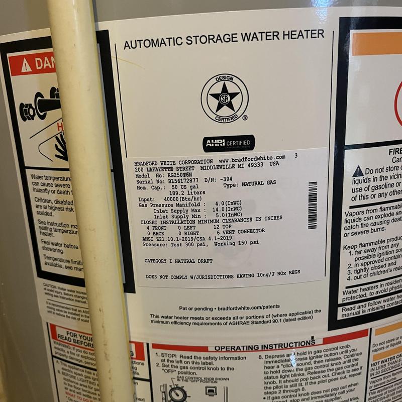 50 Gallon Natural Gas Water Heater label and specs 50 Gallon Natural Gas Water Heater label and specs