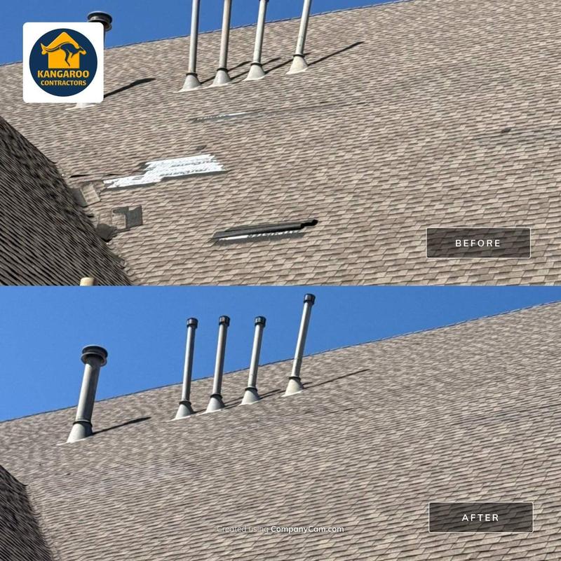 Asphalt shingle roof with storm damage before and after repair