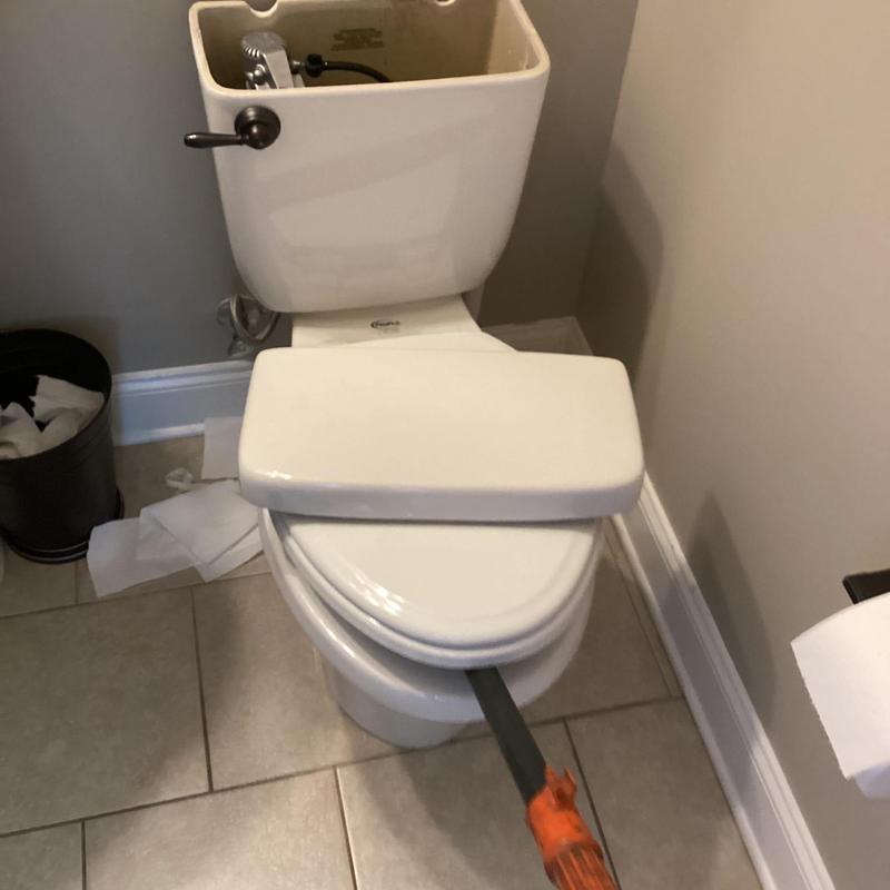 Toilet auger clearing powder room toilet blockage