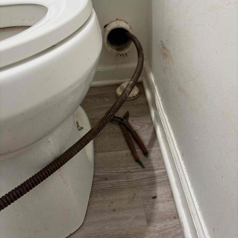 Mainline drain cable inserted through bathroom cleanout