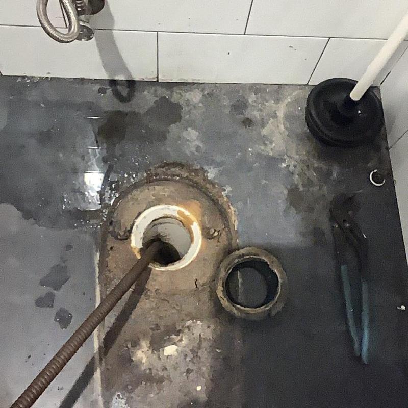 Toilet drain line with auger and removed flange ring