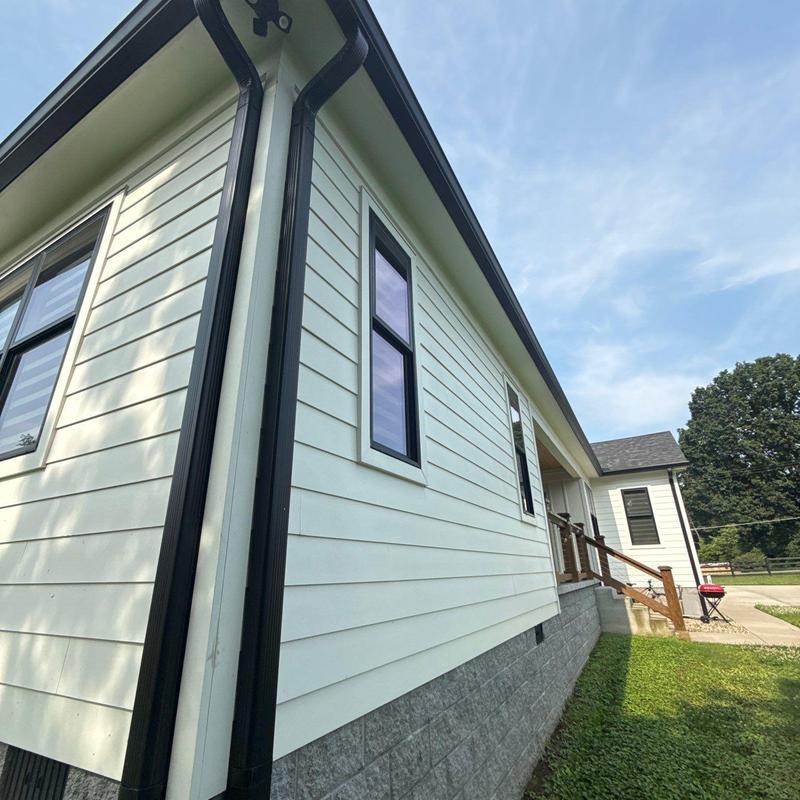 Vinyl siding and black gutter downspouts on house exterior