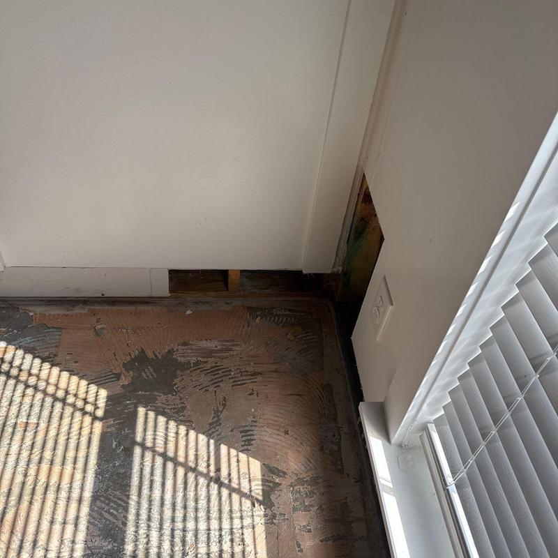 Subfloor with water damage near wall and window blinds