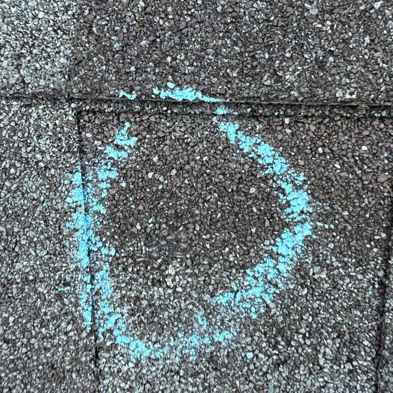 Architectural shingle hail damage marked on roof surface