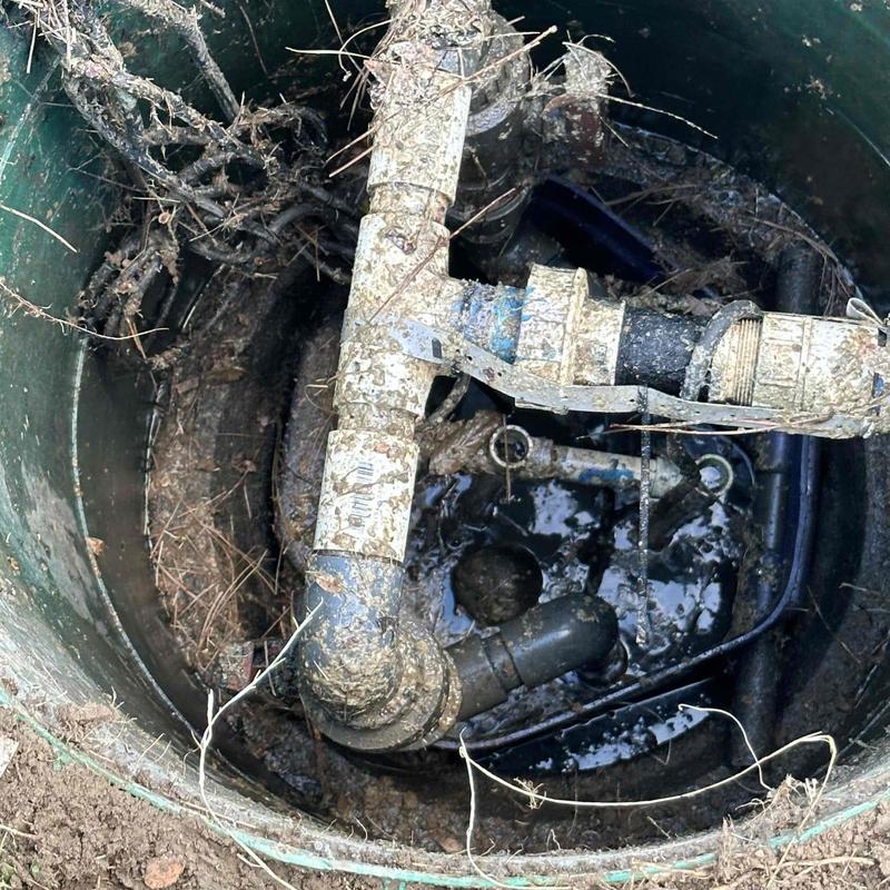 Septic system discharge line and valve inside riser