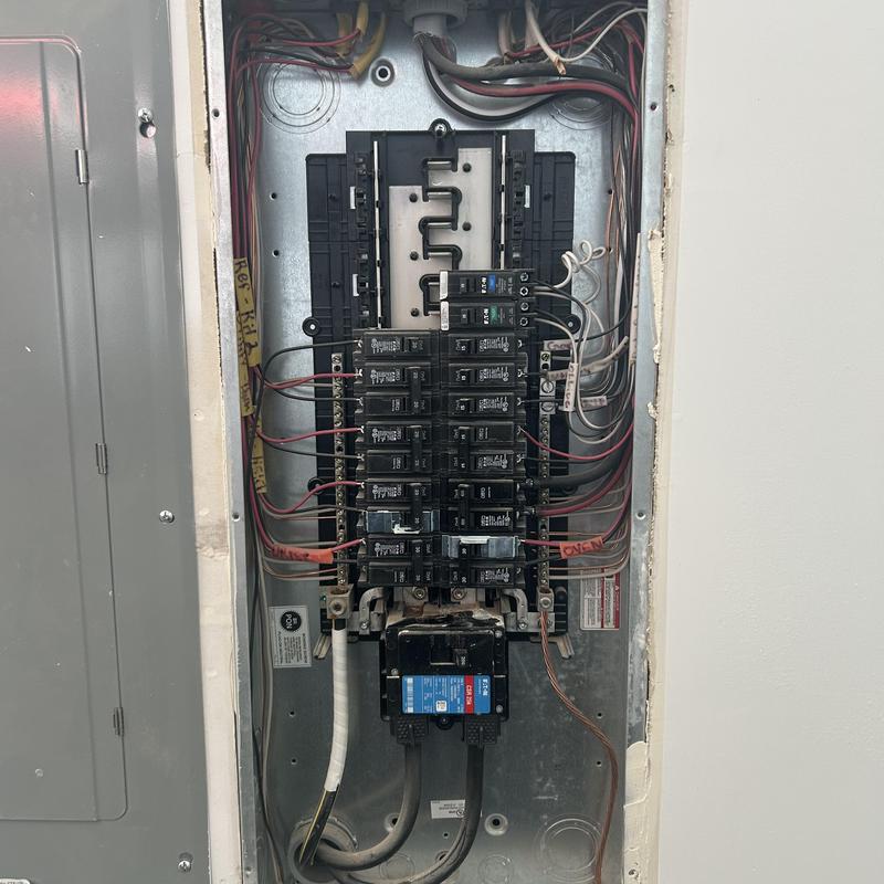 Electrical breaker panel with circuit breakers and wiring Electrical breaker panel with circuit breakers and wiring