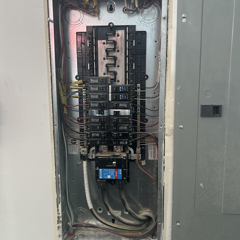 Electrical panel circuit breakers with wiring in metal box Electrical panel circuit breakers with wiring in metal box