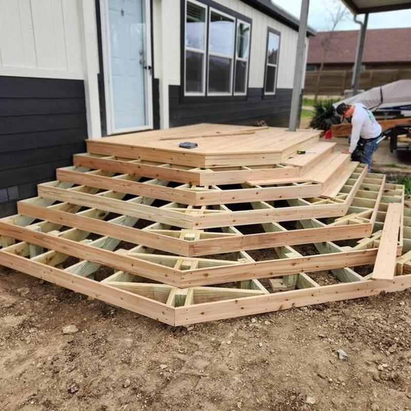 Front porch multi-level wood decking under construction