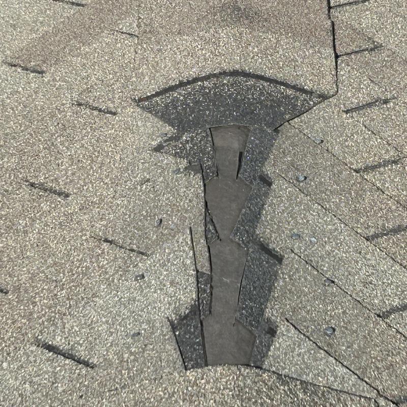 Asphalt roof shingles damaged and lifted in area