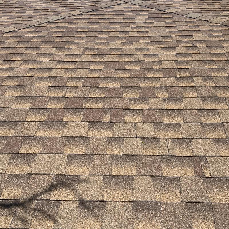 Asphalt shingle roof with minor wear and discoloration