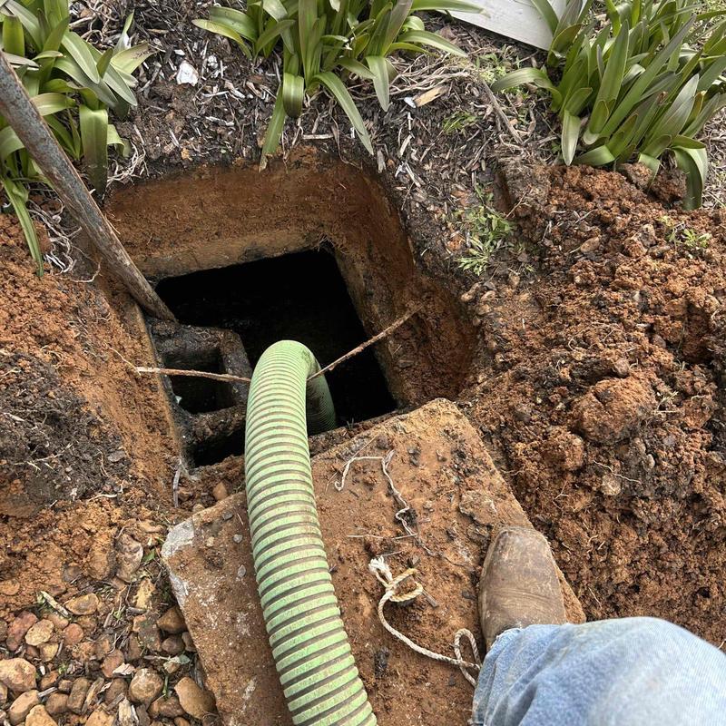 Septic tank pumping opening with hose and soil dirt