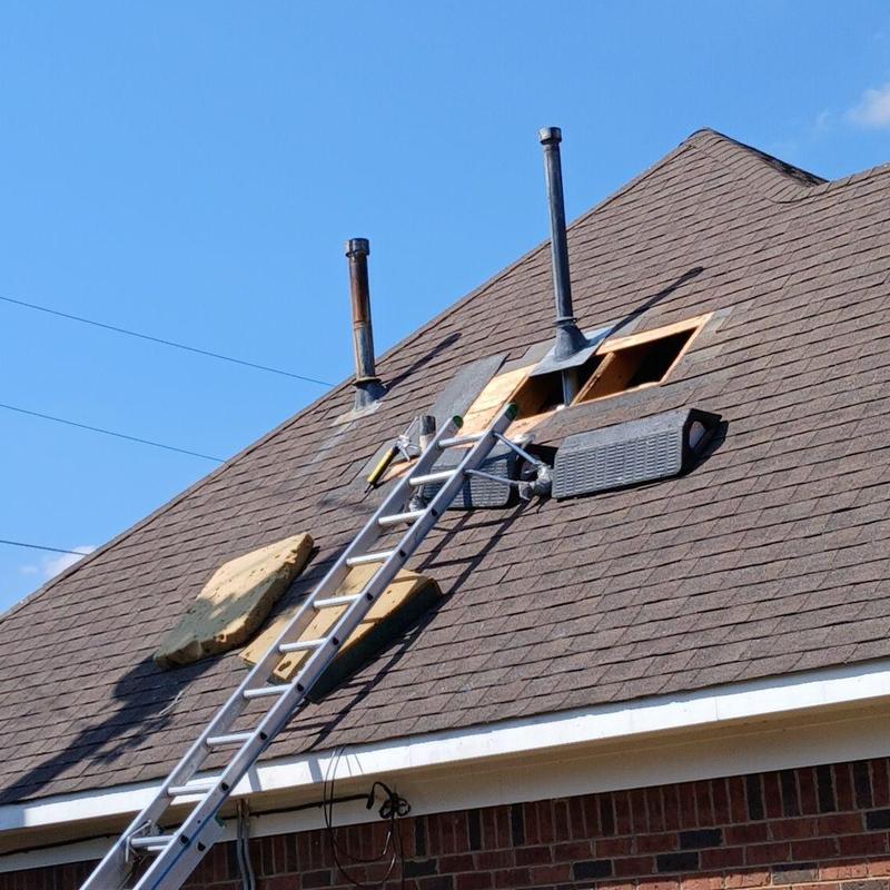 Roof deck replacement with ladder and tools