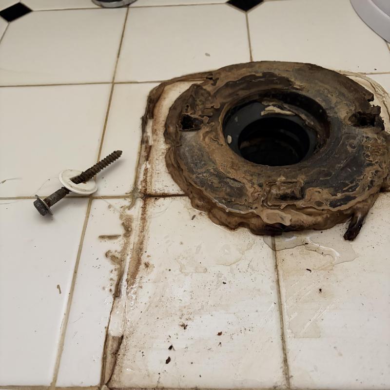 Toilet flange with damaged seal on tiled floor