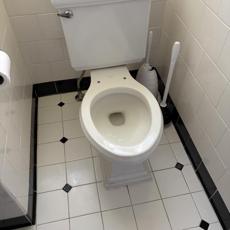 Toilet with removed seat for sewer camera inspection