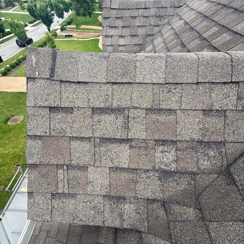 Roof shingles with hail damage and wear visible