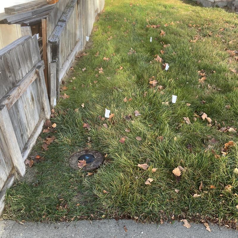 Main water service line with leak markers in yard Main water service line with leak markers in yard