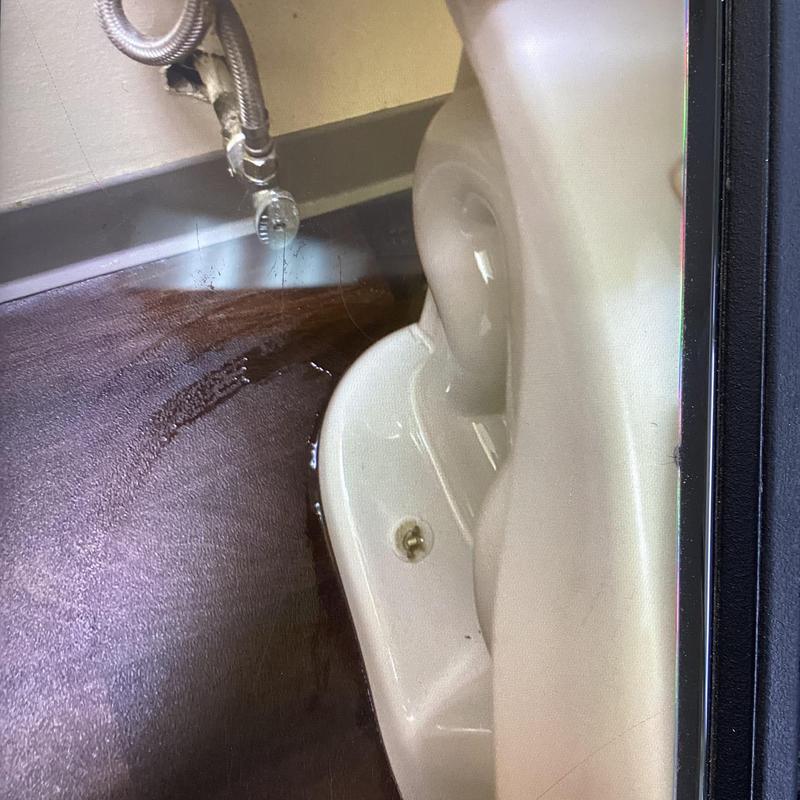 Toilet base leak with water pooling on floor