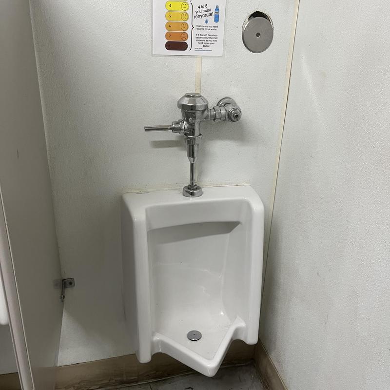 Urinal drain system and flush valve in a restroom corner Urinal drain system and flush valve in a restroom corner