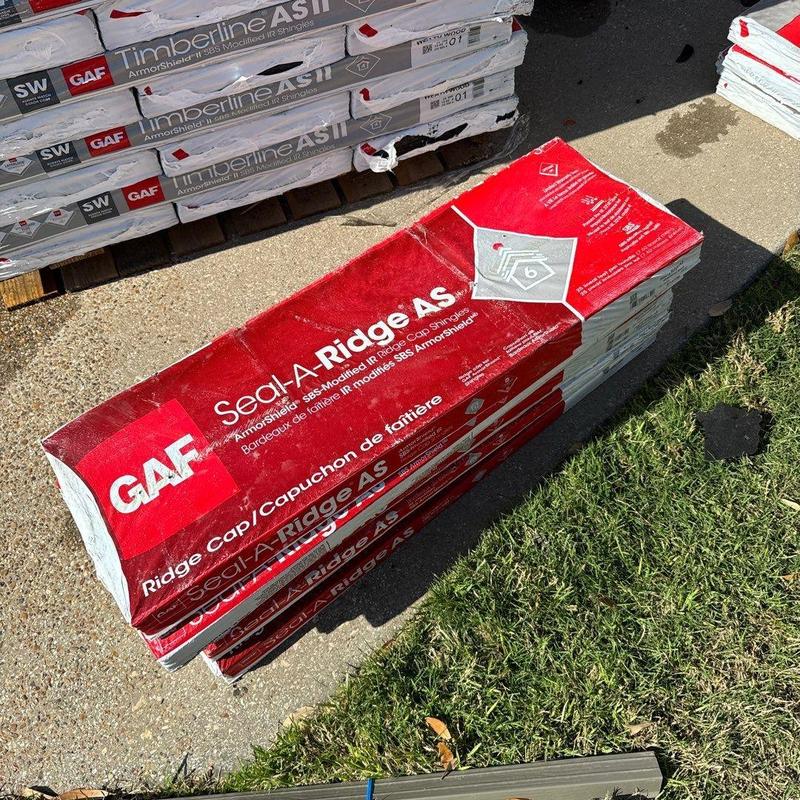 GAF Seal-A-Ridge AS ridge cap shingles stacked outdoors