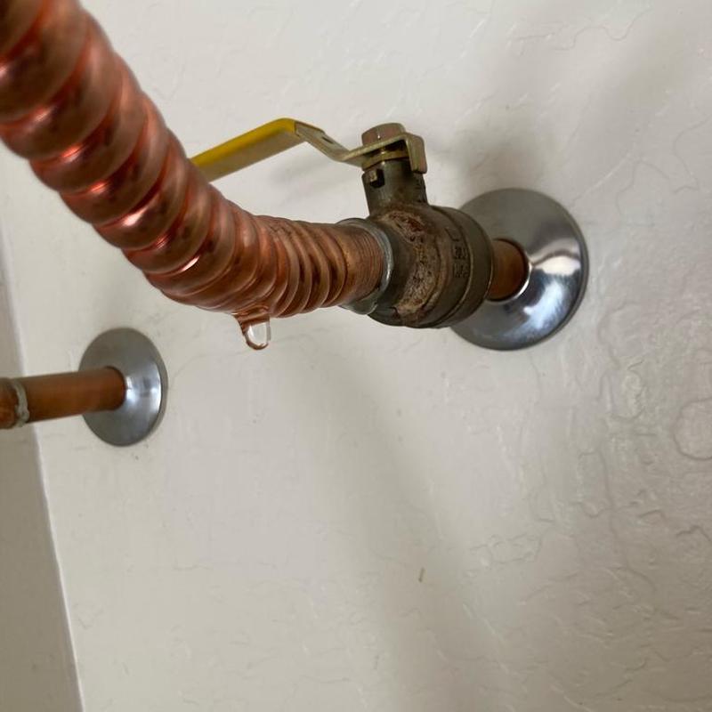 Flex line and ball valve with leaking water drop