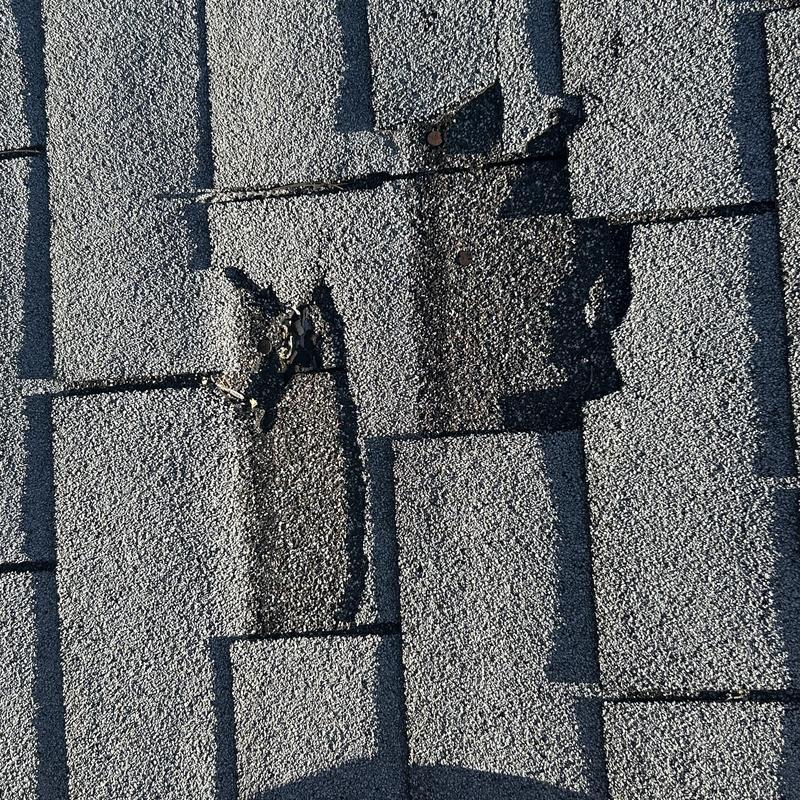 Asphalt roof shingles with hail and wind damage