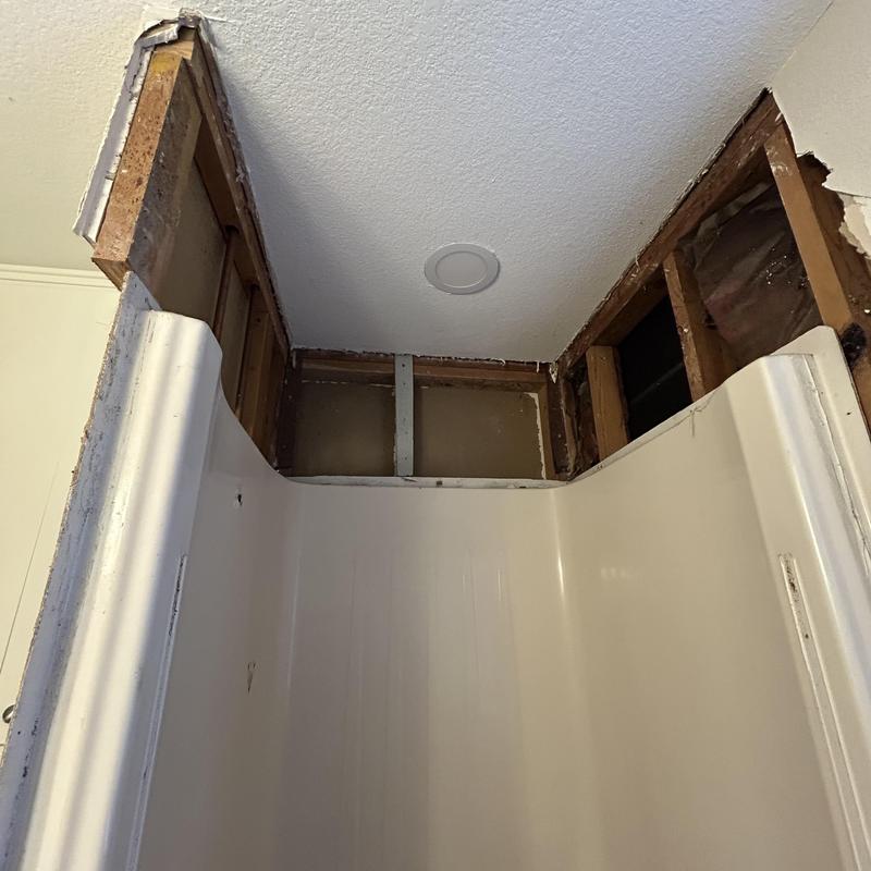 Shower surround with exposed wall studs above panel