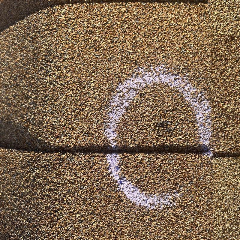 Asphalt shingle roof with circled damage spot