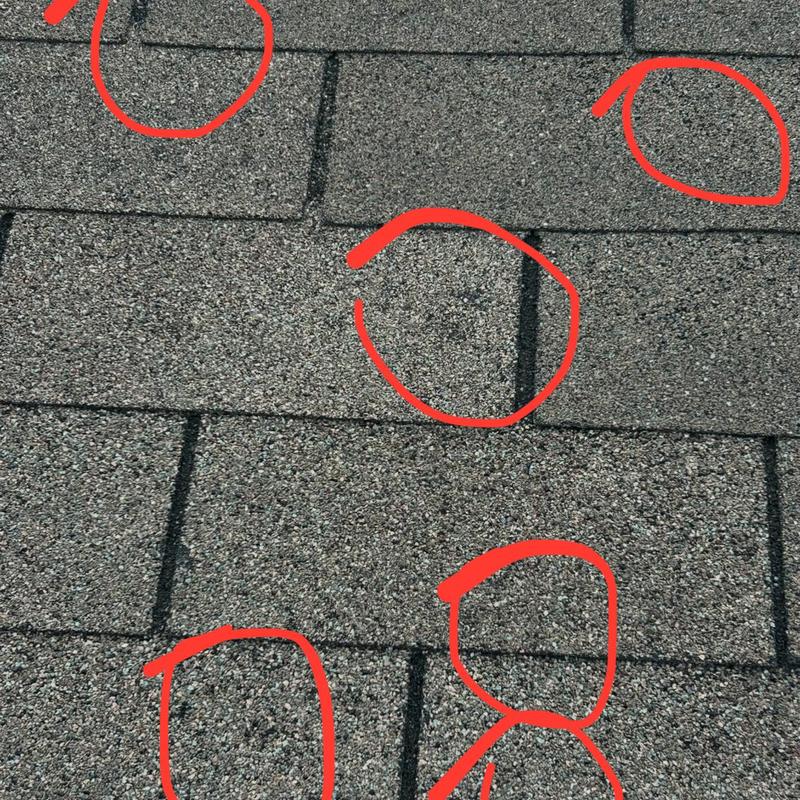 Asphalt roof shingles with hail damage marked in red