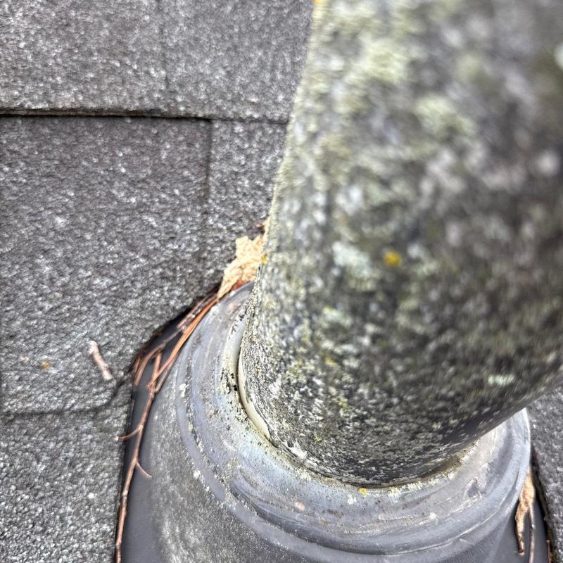 Roof vent pipe flashing with wear and moss buildup