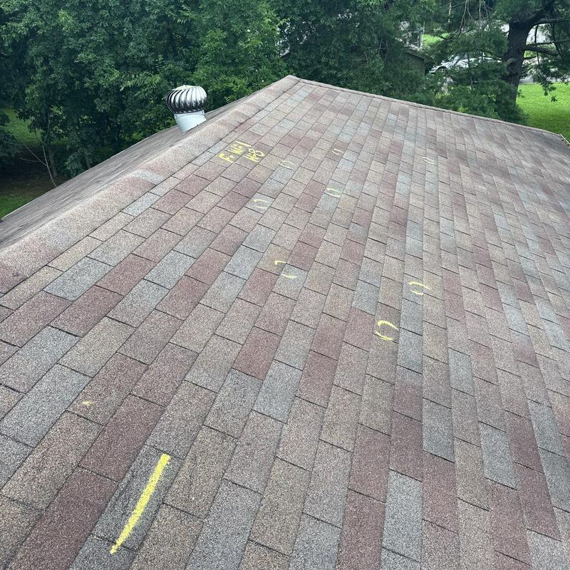 Asphalt shingle roof with hail damage markings