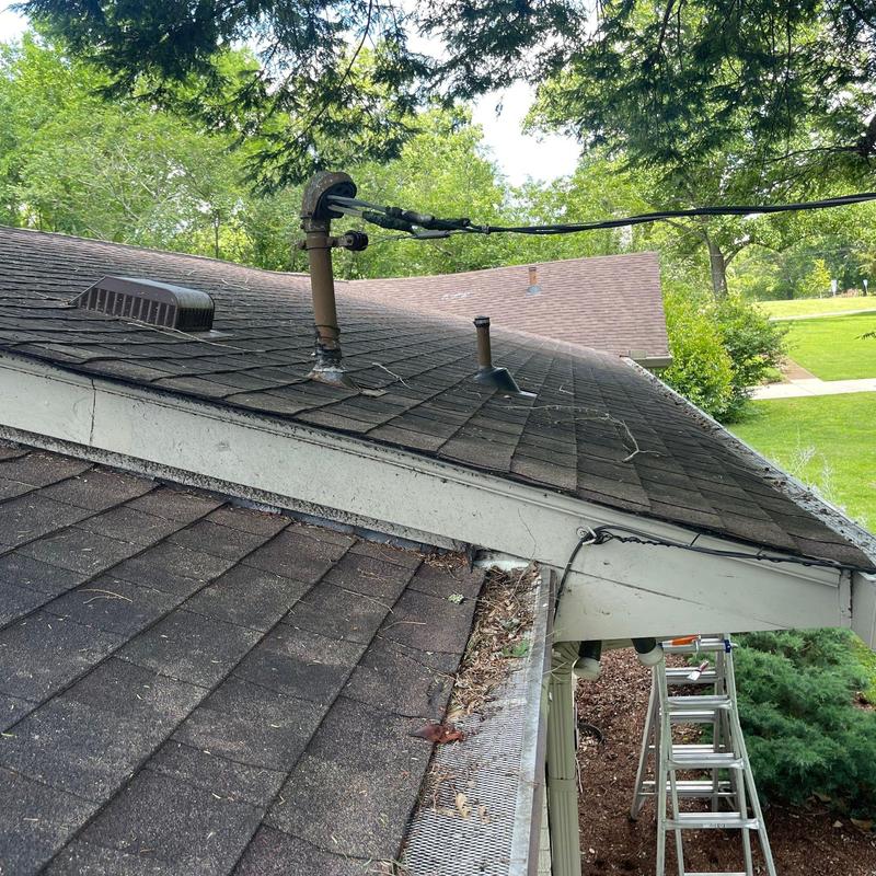 Roof shingles and gutters with debris buildup