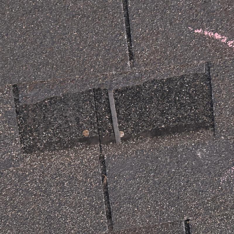 Asphalt roof shingles with nail heads visible on roof surface