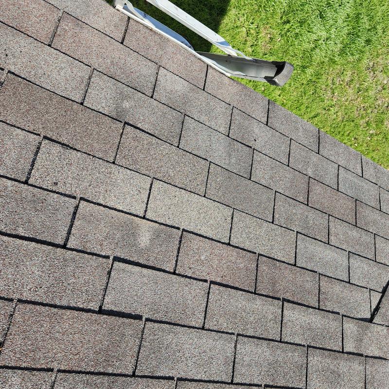 GAF Weather Gray 3-tab shingles on roof section GAF Weather Gray 3-tab shingles on roof section