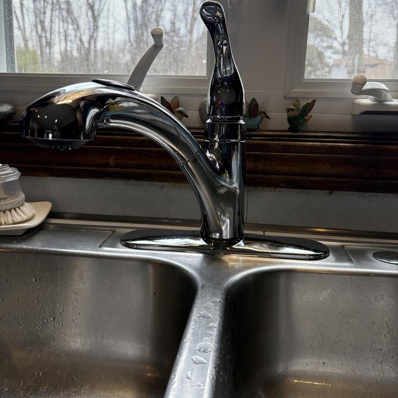 Kitchen sink Moen Integra faucet installed in chrome